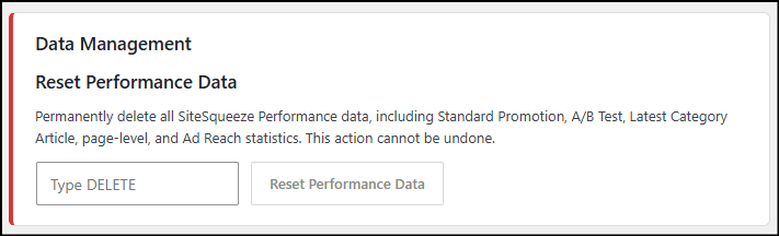 Screenshot of data management and performance reset options on a website, showing delete and reset buttons for performance data.