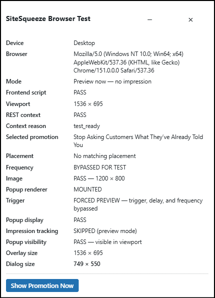 Screenshot of SiteSqueeze Browser Test showing device, browser, mode, viewport, and other technical details for SEO and accessibility analysis.