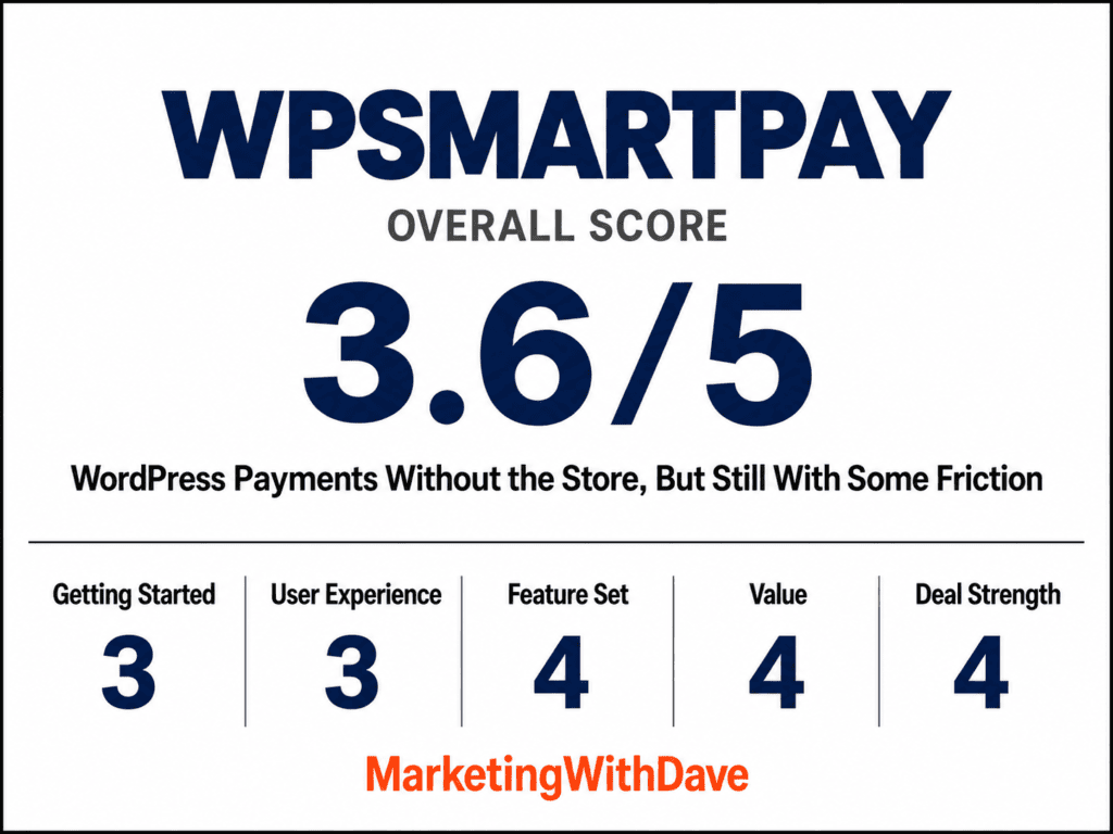 Marketing with Dave WordPress payment review scorecard showing overall score 3.6 out of 5, with categories like Getting Started, User Experience, Feature Set, Value, and Deal Strength rated 3 or 4.