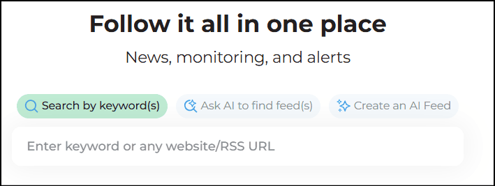 Screenshot of a digital dashboard titled 'Follow it all in one place' with options for news, monitoring, alerts, and search by keyword for marketing analytics.