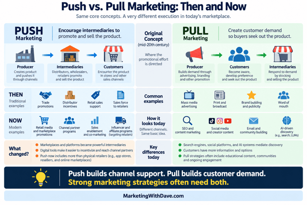 Comparison of push and pull marketing strategies, highlighting their differences, examples, and key changes for effective channel support and customer demand building.