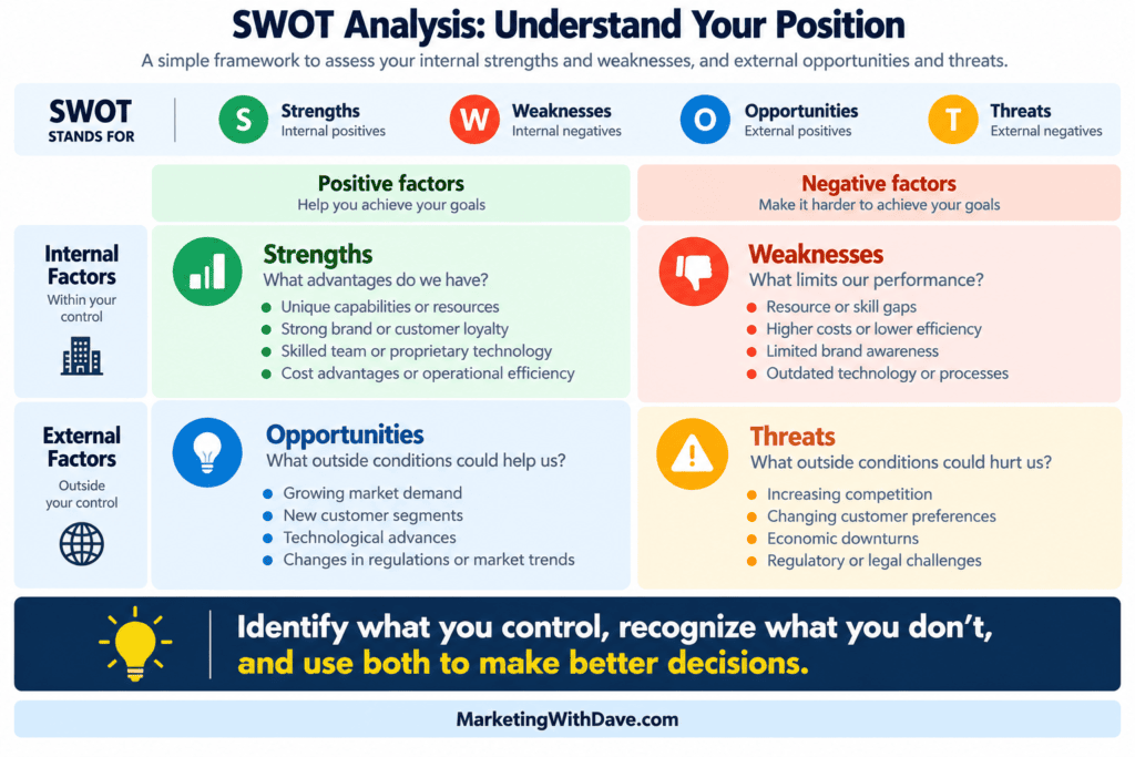 SWOT analysis infographic showing strengths, weaknesses, opportunities, and threats for strategic business assessment, with color-coded sections and icons.