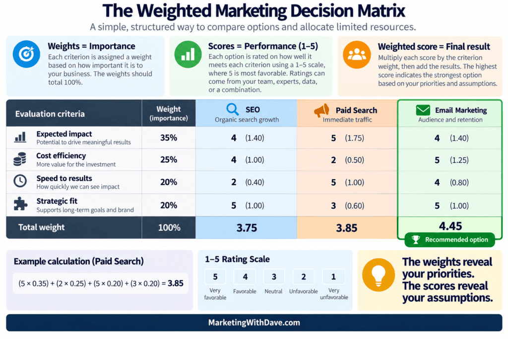 Marketing with Dave's weighted marketing decision matrix highlighting importance, performance scores, and final weighted score for strategic marketing choices.